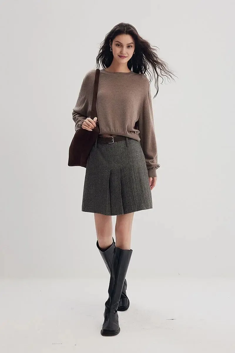 Vintage Herringbone Wool-Blend Pleated Mini Skort