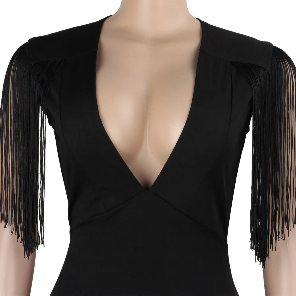 Women's Sheath V-Neck Dress With Tassels