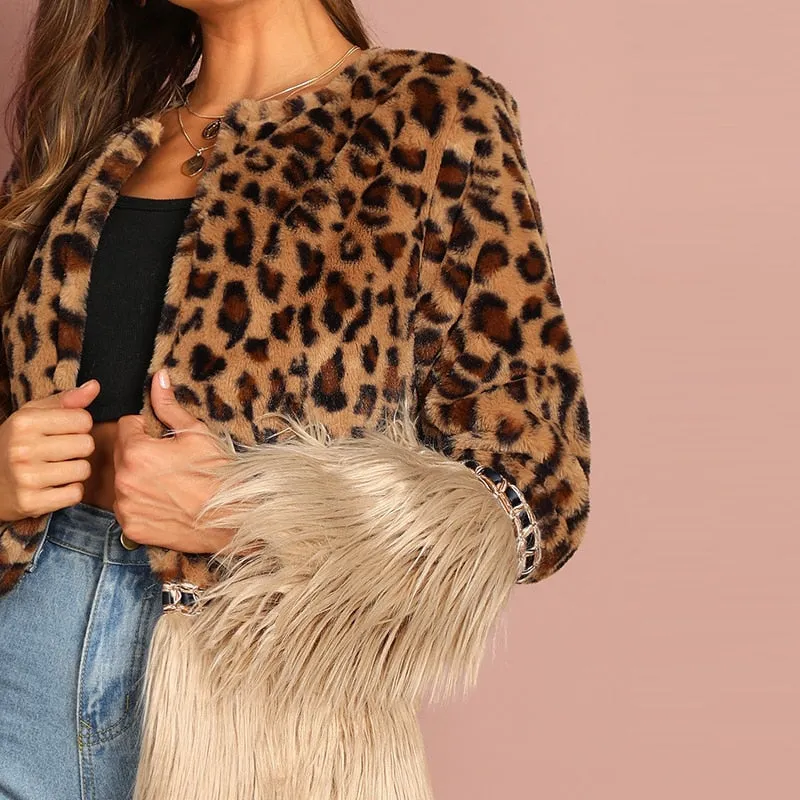 Women's Winter Casual Faux Fur Coat With Leopard Print
