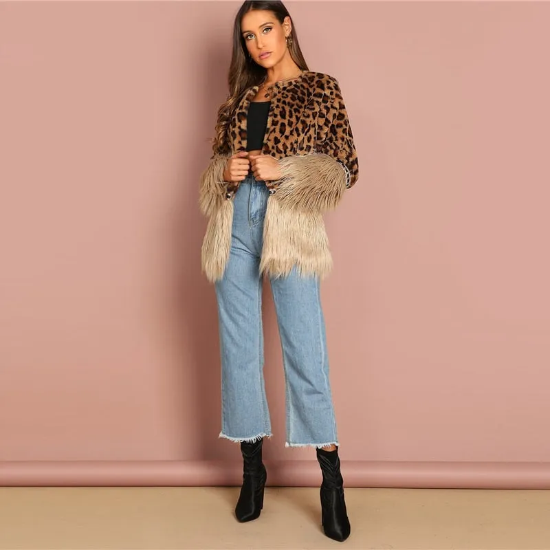 Women's Winter Casual Faux Fur Coat With Leopard Print