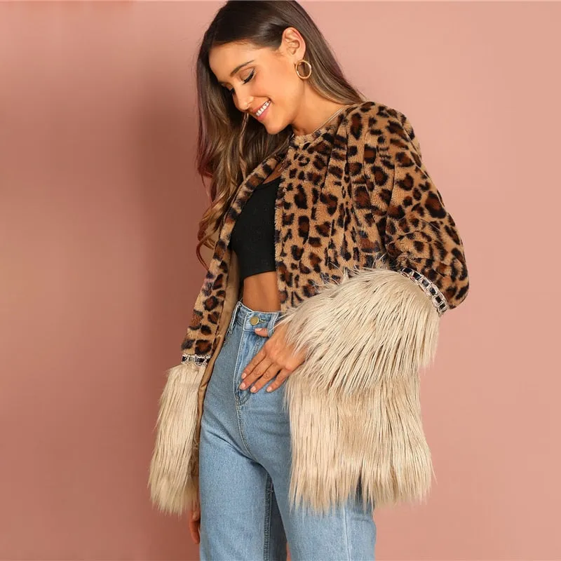 Women's Winter Casual Faux Fur Coat With Leopard Print