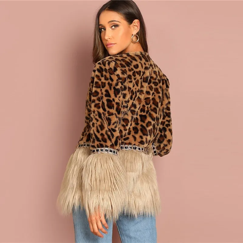 Women's Winter Casual Faux Fur Coat With Leopard Print