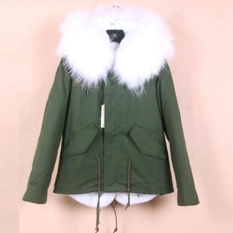 Women's Winter Casual Polyester Slim Short Parka With Raccoon Fur