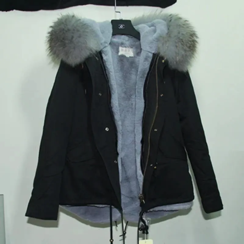 Women's Winter Casual Polyester Slim Short Parka With Raccoon Fur
