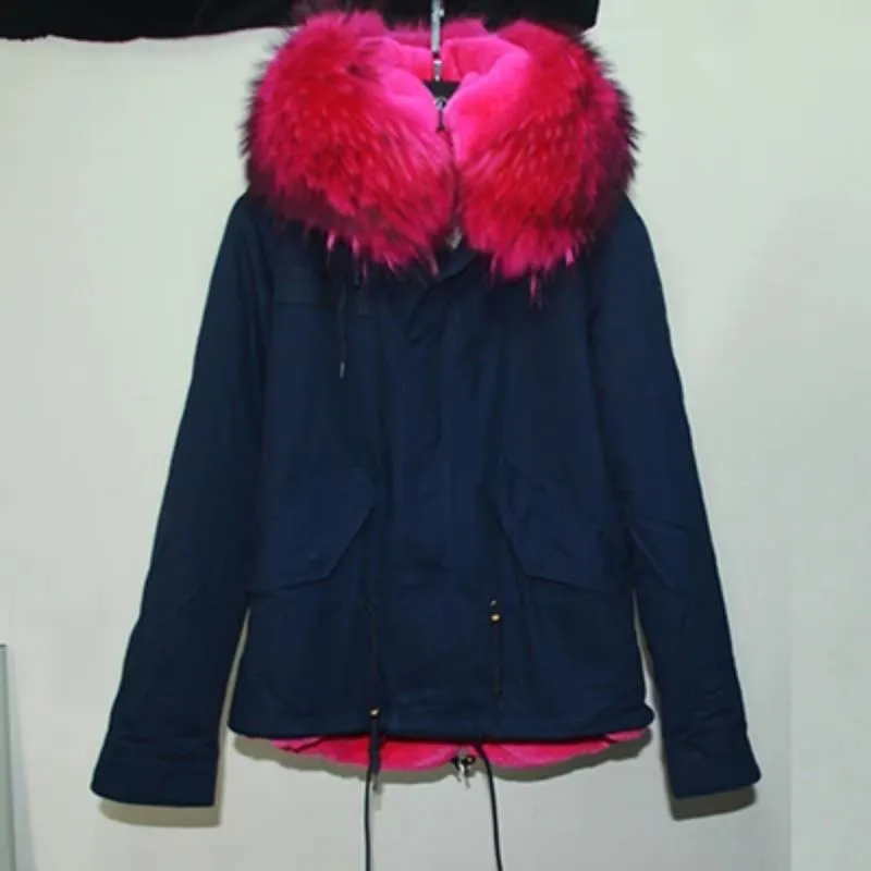Women's Winter Casual Polyester Slim Short Parka With Raccoon Fur