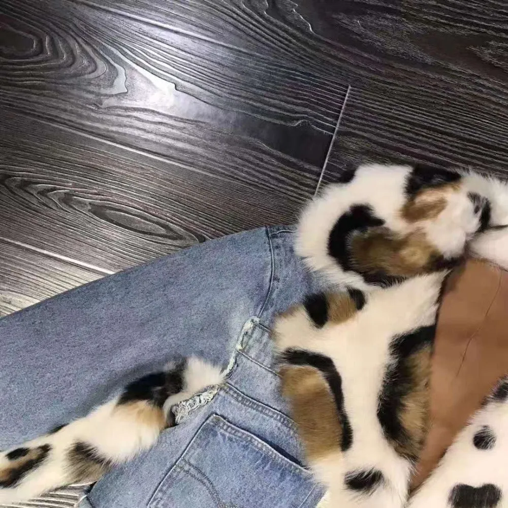 Women's Winter Thick Leopard Denim Coat With Sheep Fur