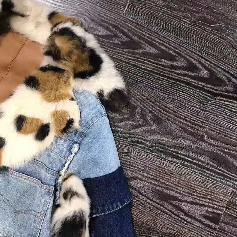 Women's Winter Thick Leopard Denim Coat With Sheep Fur