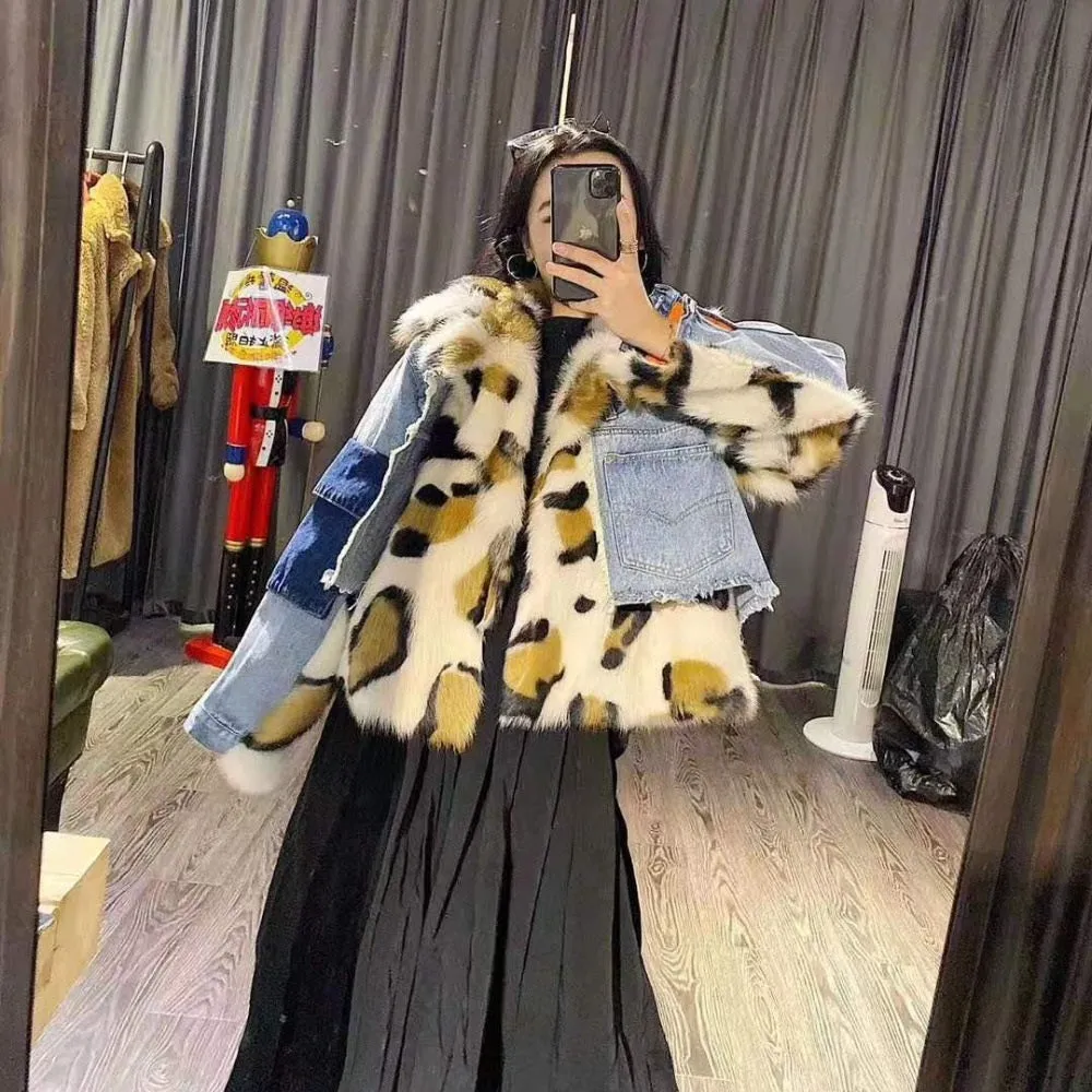 Women's Winter Thick Leopard Denim Coat With Sheep Fur