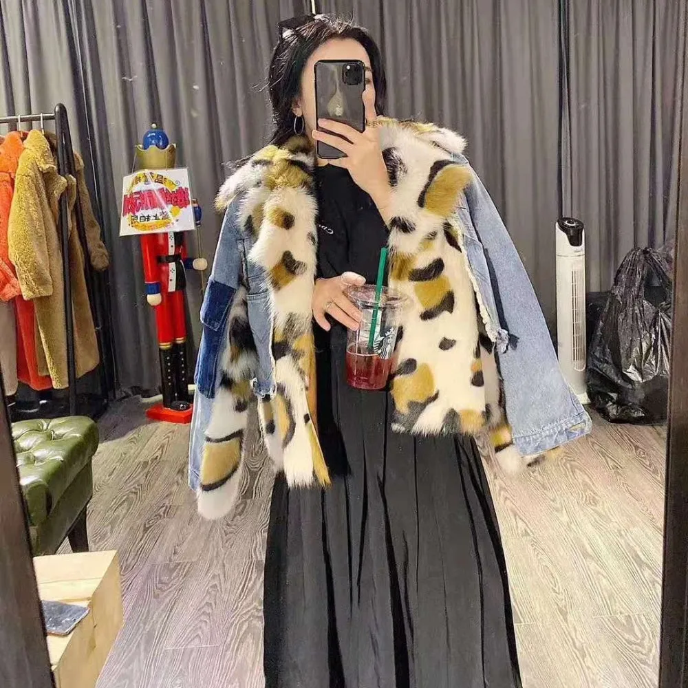 Women's Winter Thick Leopard Denim Coat With Sheep Fur