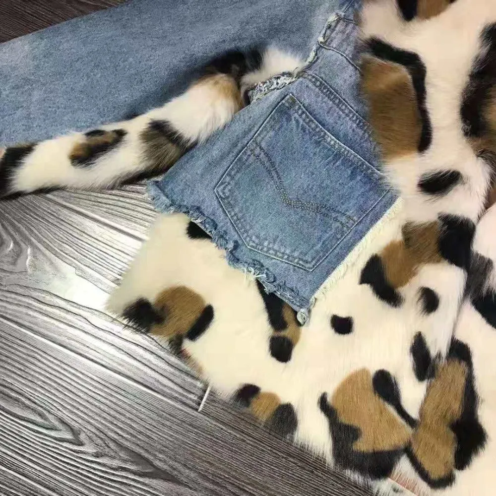 Women's Winter Thick Leopard Denim Coat With Sheep Fur