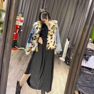 Women's Winter Thick Leopard Denim Coat With Sheep Fur