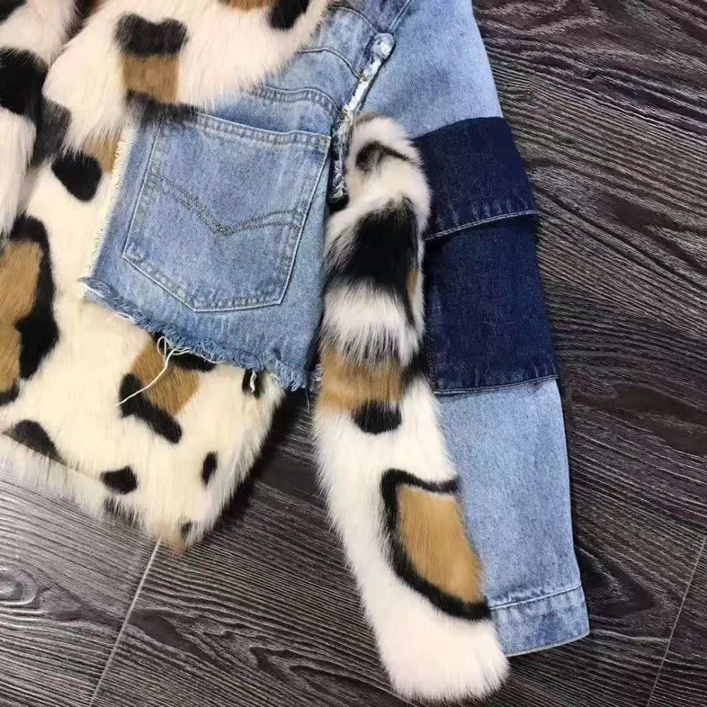 Women's Winter Thick Leopard Denim Coat With Sheep Fur